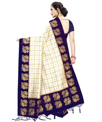 Off White  Printed art silk saree with blouse 2