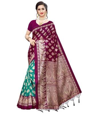 green Printed art silk saree with blouse 1