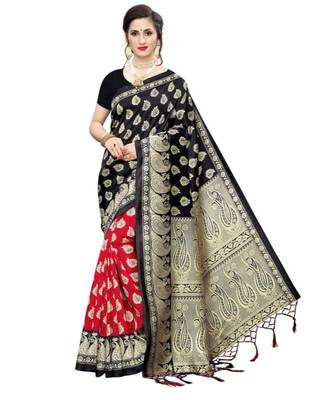 Red Printed art silk saree with blouse 1