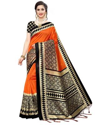 Orange  Printed art silk saree with blouse 1