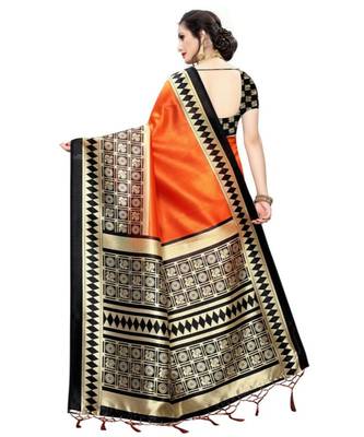 Orange  Printed art silk saree with blouse 2