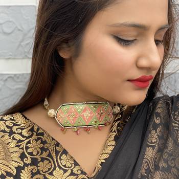 Green- Pink Meenakari Hanpainted Necklace 1