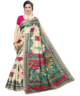 beige Printed faux polycotton saree with blouse 1