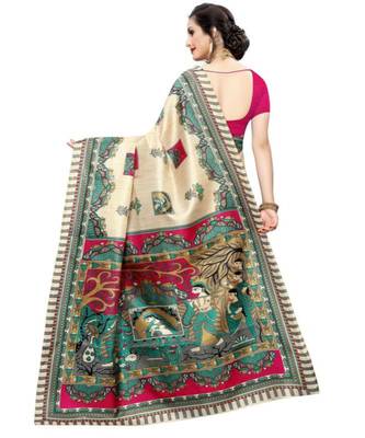 beige Printed faux polycotton saree with blouse 2