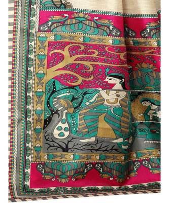 beige Printed faux polycotton saree with blouse 4