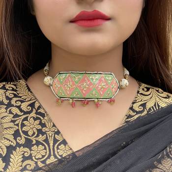 Green- Pink Meenakari Hanpainted Necklace 2