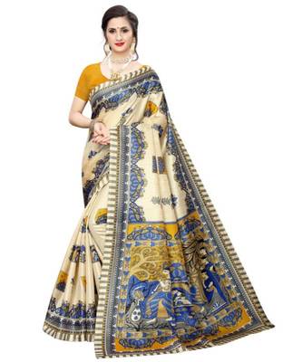 beige Printed faux polycotton saree with blouse 1