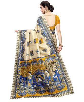 beige Printed faux polycotton saree with blouse 2