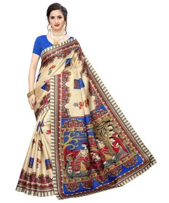 beige Printed faux polycotton saree with blouse 1