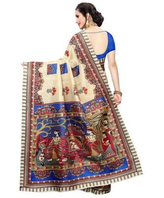 beige Printed faux polycotton saree with blouse 2