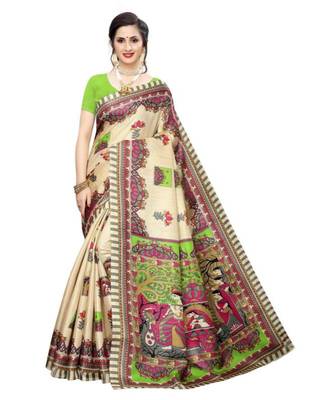 beige Printed faux polycotton saree with blouse 1