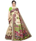beige Printed faux polycotton saree with blouse