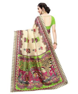 beige Printed faux polycotton saree with blouse 2