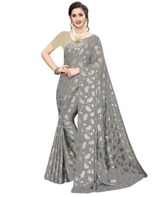 Grey Printed faux polycotton saree with blouse 1