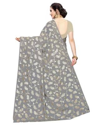 Grey Printed faux polycotton saree with blouse 2