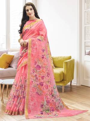 Pink printed linen saree with blouse 1