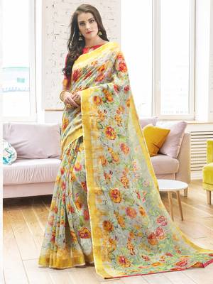 Green printed linen saree with blouse 1
