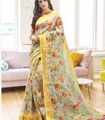 Green printed linen saree with blouse