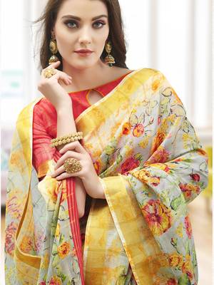 Green printed linen saree with blouse 2