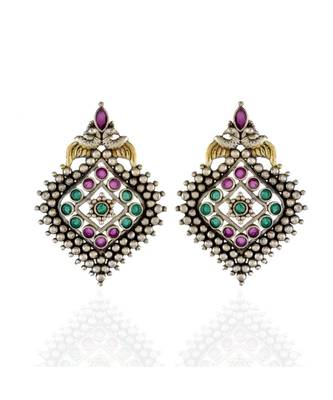 Green Red Golden Silver Beautiful Oxidised Earring 1