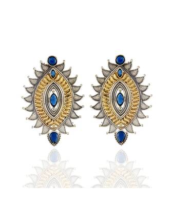 Blue Silver Golden Leaf Pattern Designer Oxidised Earring 1