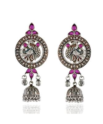 Red Silver Beautiful Stylish Peacock Pattern Oxidised Earring 1