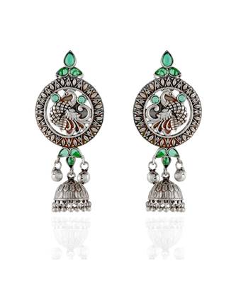Green Silver Beautiful Stylish Peacock Pattern Oxidised Earring 1