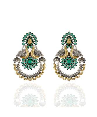 Green Peacock Pattern Chand Bali Style Oxidised Earring 1