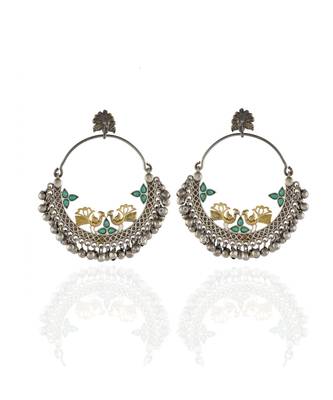 Green Golden Silver Kashmiri Pattern Peacock Design Bali Earring 1