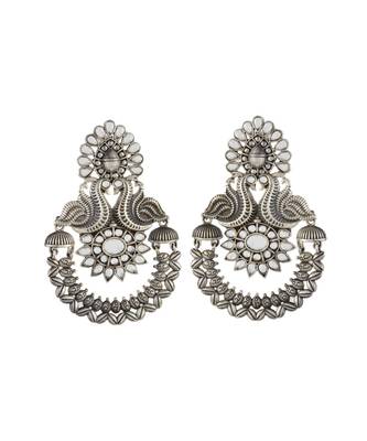 White Silver Peacock Design Black Oxidised Chand Bali Pattern 1