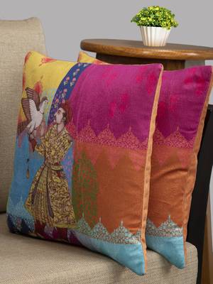 HOUZZCODE Multicoloured Set of 2 Ethnic Motifs Square Cushion Covers 1