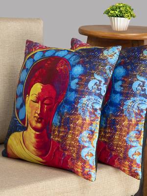 HOUZZCODE Blue & Yellow Set of 2 Ethnic Motifs Square Cushion Covers 1
