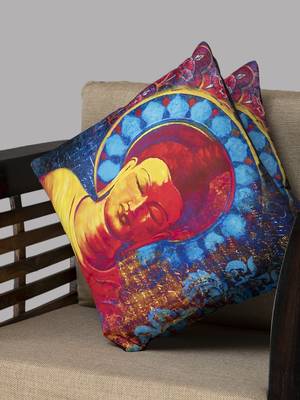 HOUZZCODE Blue & Yellow Set of 2 Ethnic Motifs Square Cushion Covers 2