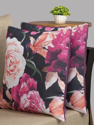 HOUZZCODE Pink & Black Set of 2 Floral Square Cushion Covers 1