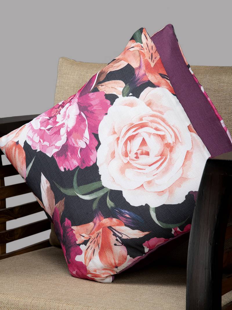 HOUZZCODE Pink & Black Set of 2 Floral Square Cushion Covers