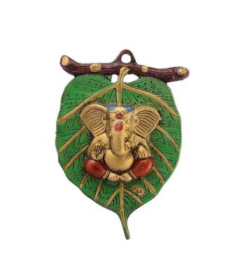 Lord Ganesha on Leaf White Metal Wall   1