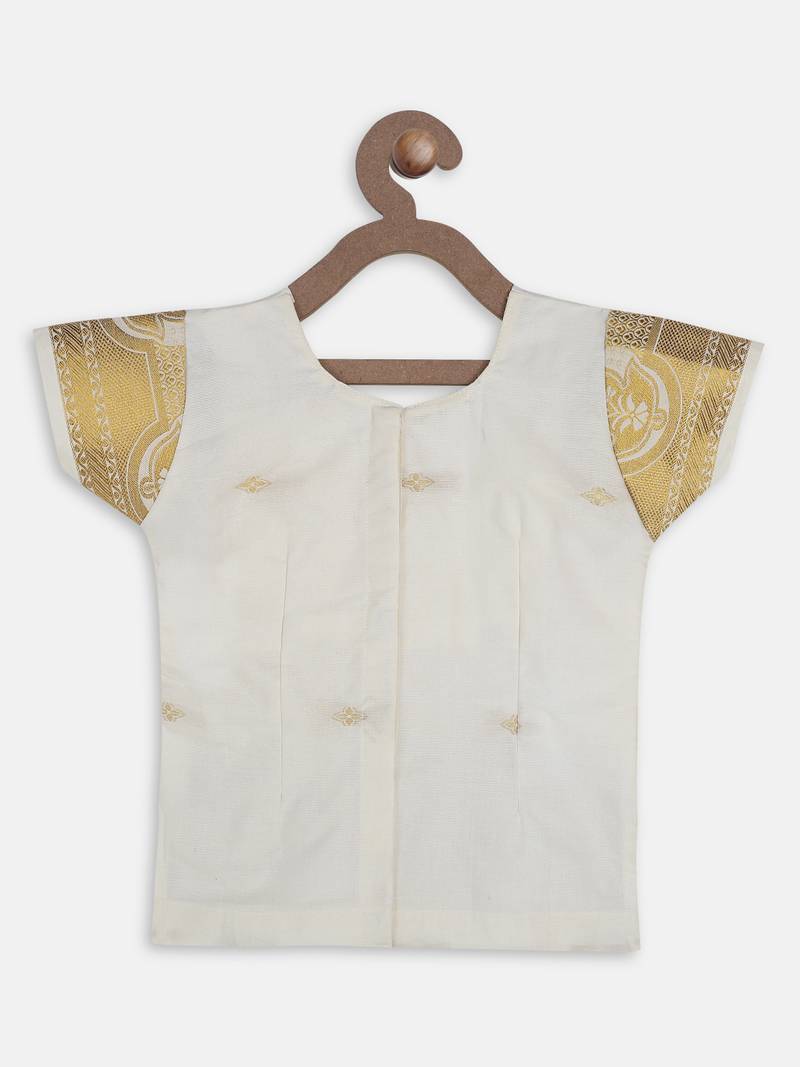 White South Indian Pattu Pavadai Set For Girls