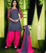 Grey embroidered cotton semi stitched patiala salwar suit