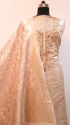 Suroh by Chandni Powder Pink Zari Weave Chanderi Silk Hand Embroidery Suit Fabric 3