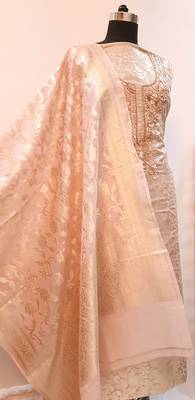 Suroh by Chandni Powder Pink Zari Weave Chanderi Silk Hand Embroidery Suit Fabric 4