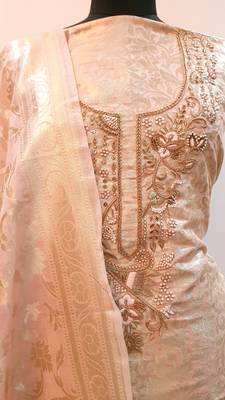 Suroh by Chandni Powder Pink Zari Weave Chanderi Silk Hand Embroidery Suit Fabric 5