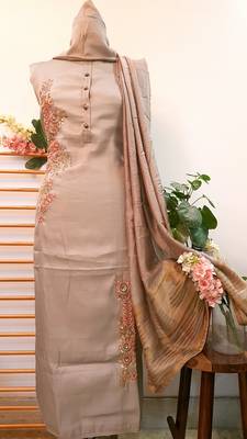 Suroh by Chandni Mouse Brown Pam Silk Handwork Unstitched Suit 1