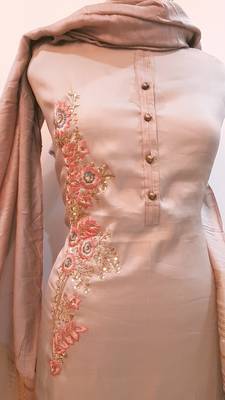 Suroh by Chandni Mouse Brown Pam Silk Handwork Unstitched Suit 2