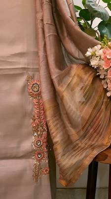 Suroh by Chandni Mouse Brown Pam Silk Handwork Unstitched Suit 4