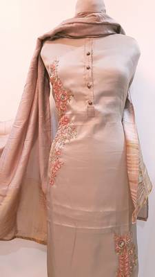 Suroh by Chandni Mouse Brown Pam Silk Handwork Unstitched Suit 5