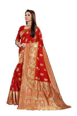  red woven jacquard saree with blouse 2