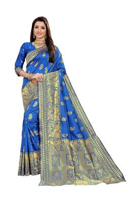  royal blue woven jacquard saree with blouse 1