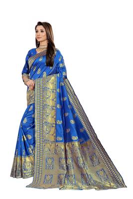  royal blue woven jacquard saree with blouse 2