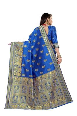  royal blue woven jacquard saree with blouse 3