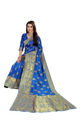  royal blue woven jacquard saree with blouse 4